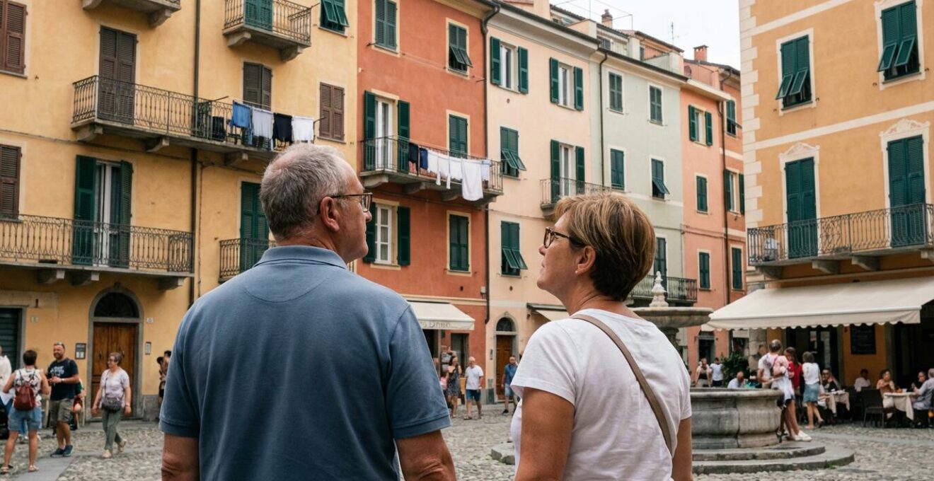 Coppia italiana che valuta edifici residenziali in una piazza tipica