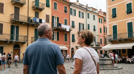 Coppia italiana che valuta edifici residenziali in una piazza tipica