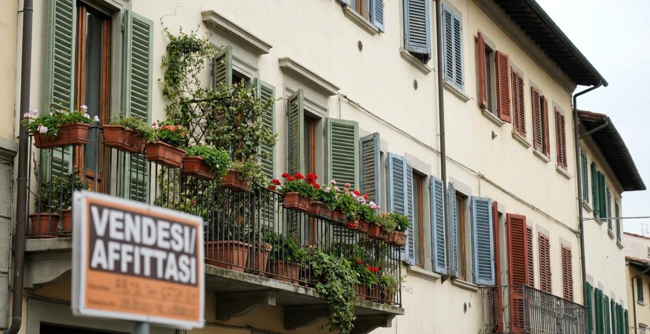 Facciata tipica di condominio italiano con balconi fioriti