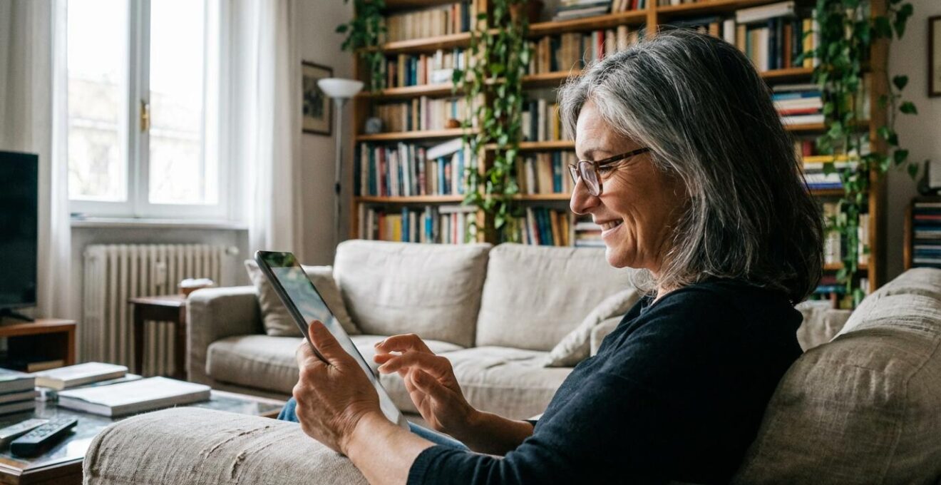 Donna consulta valutazione immobiliare su tablet nel proprio salotto
